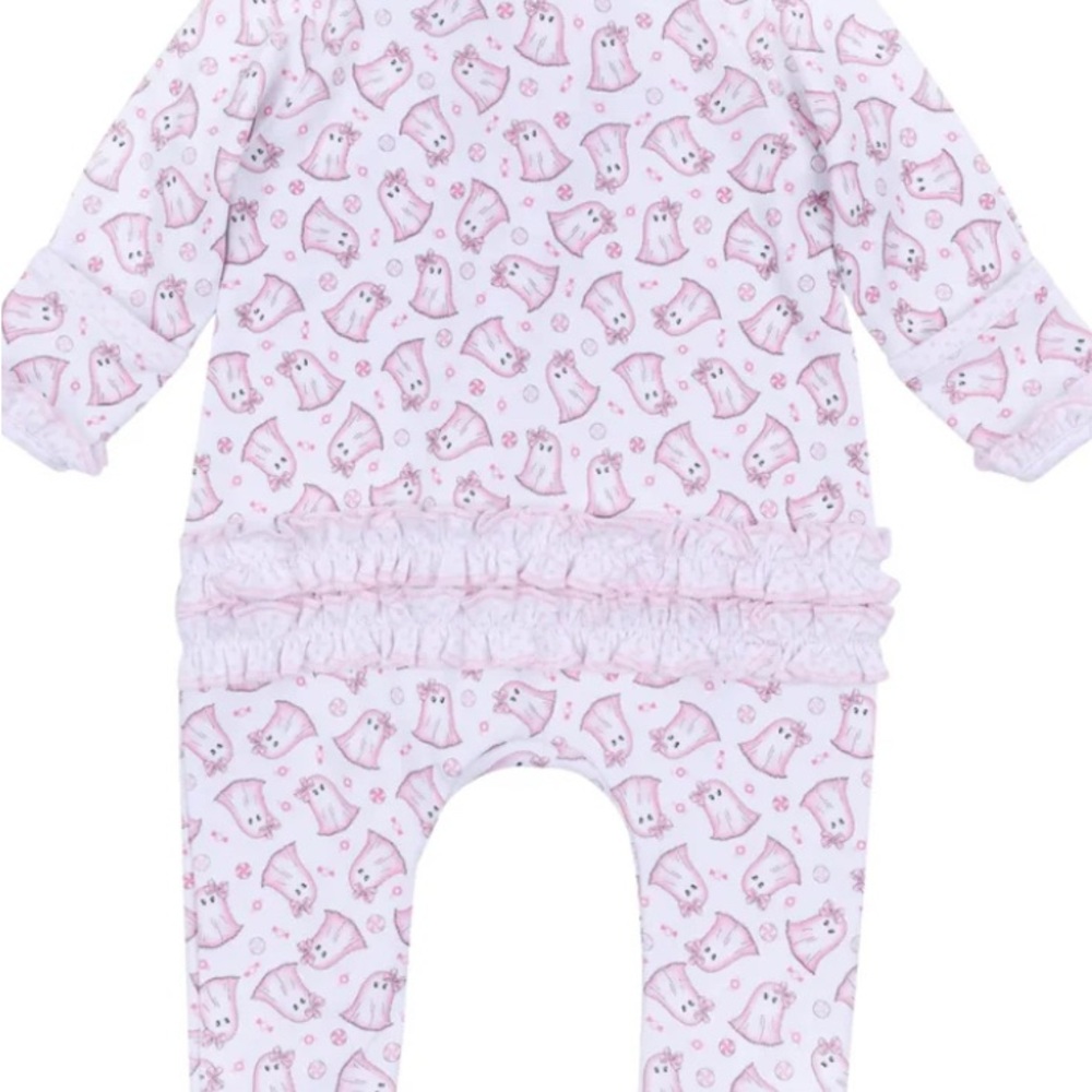 Magnolia Baby My Little Boo Pink Printed Ruffle Zipper Footie - Picture 5 of 5